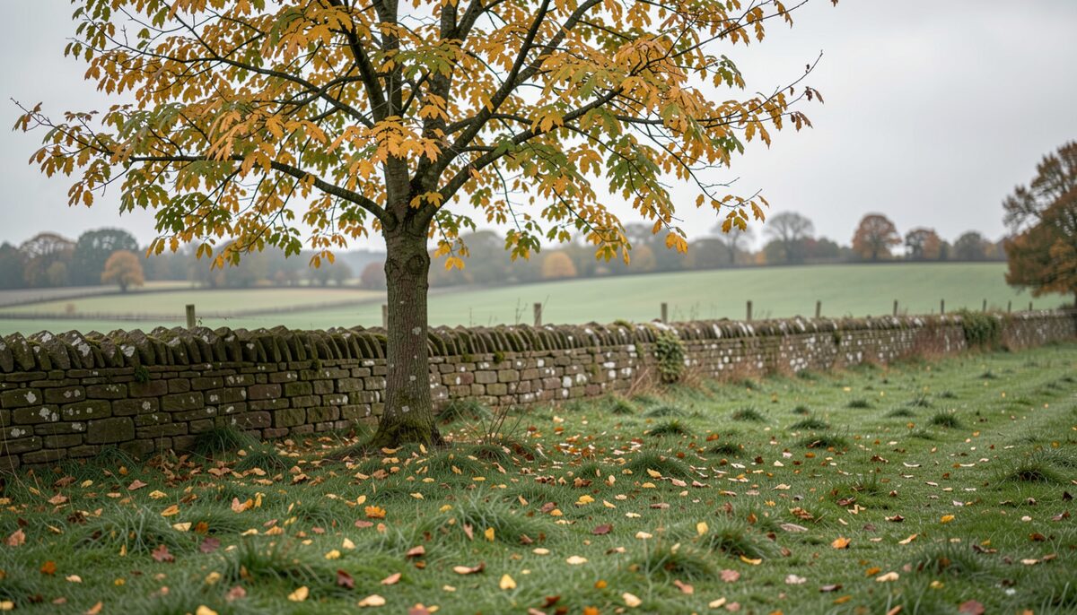 A single deciduous tree beside a low stone wall in a quiet field, one mid-level branch in the left third of the frame, a few yellow leaves among green, damp grass below with scattered fallen leaves, overcast soft light, no people visible.