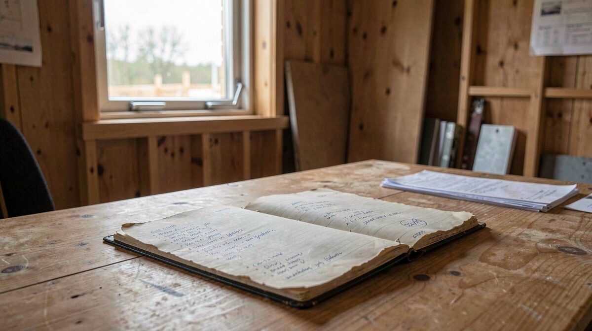 A Danish construction site office hut with a worn paper site diary open on the desk, daylight through the window