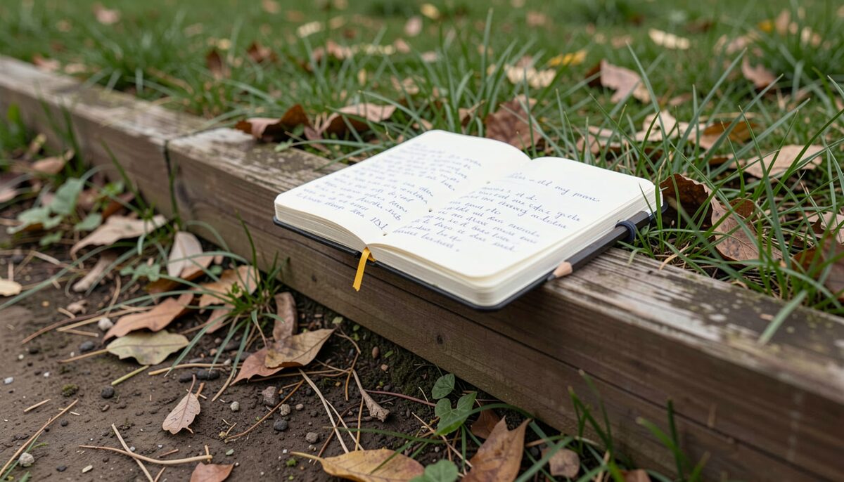 A close-up photograph of a small handwritten field notebook resting on a low wooden fence beside a rough grass margin, with a pencil tucked into the spine and a patch of bare earth and leaf litter visible in the foreground.