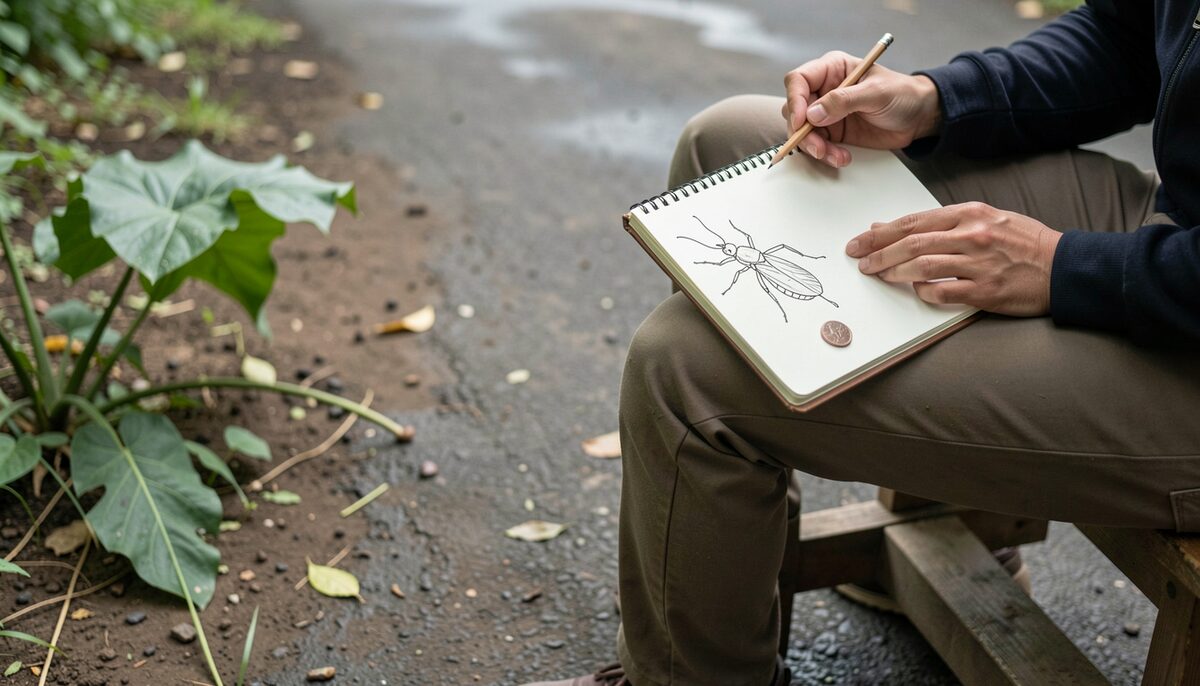 A person sitting on a low wooden stool on a damp path, a small open notebook balanced on one knee, a pencil held loosely, a hand-drawn outline of a small insect filling a corner of the page with a coin drawn beside it for scale. A green leaf and a patch of bare earth are visible in the foreground.