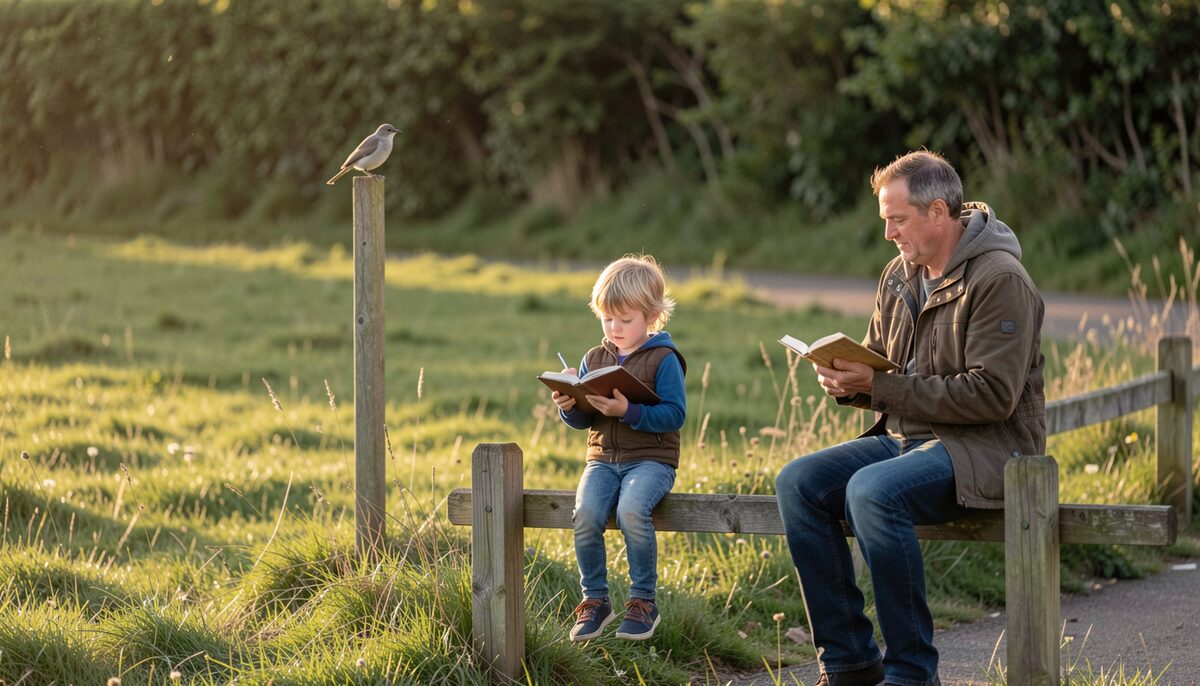 A child and an adult sitting on a low wooden fence at the edge of a path, each holding a small open notebook, a bird perched on a post a few metres away, late afternoon light, grass and hedgerow behind them.