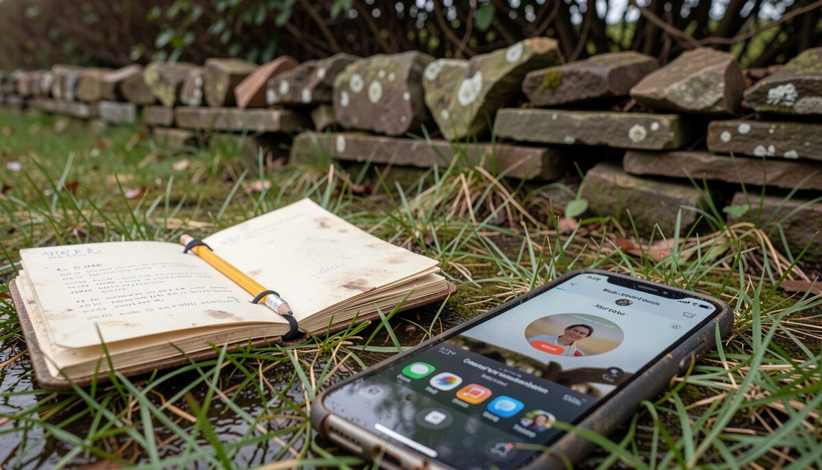 A weathered pocket notebook with a pencil tucked into its elastic band lying open on damp grass beside a folded paper sheet and a smartphone showing a voice recording screen, with a small dry stone wall and blurred hedgerow behind.