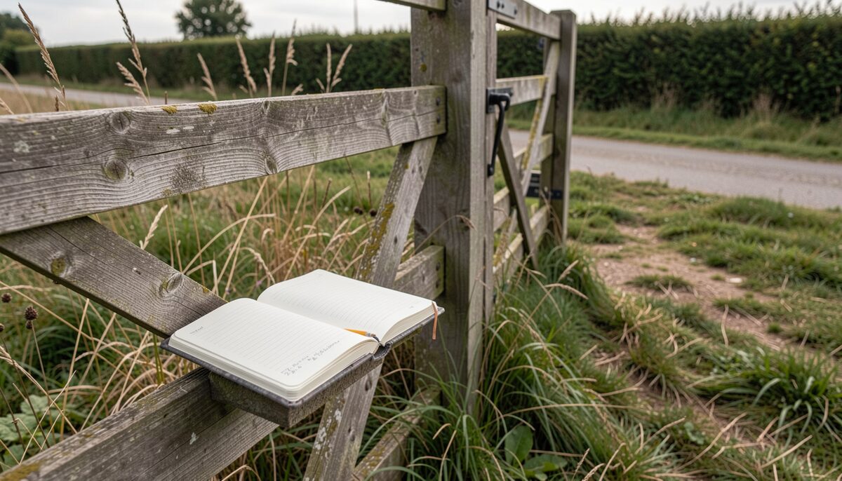 A cloth-bound notebook open on a weathered wooden gate beside a rough grass field, with a pencil resting in the gutter and a low hedge and path visible beyond the gate.