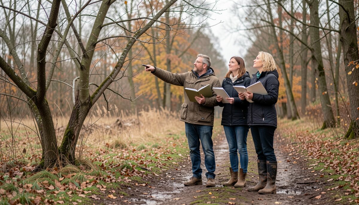 A group of four people of mixed ages standing at the edge of a woodland path in late autumn, holding open notebooks and a phone, one person pointing at a bare-branched tree while the others look up, soft overcast daylight, mud on boots, no signage visible.