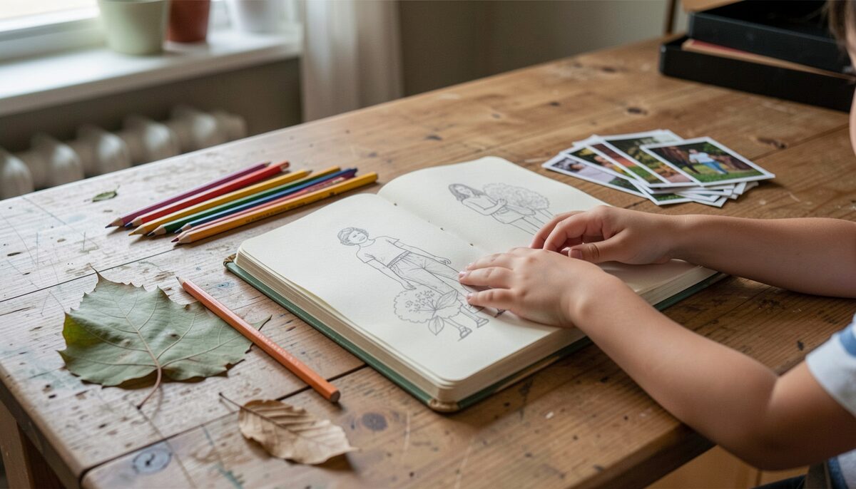 A kitchen table covered with a worn notebook, coloured pencils, a pressed leaf and a small stack of printed photographs, with a child's hand resting on an open page of sketches.