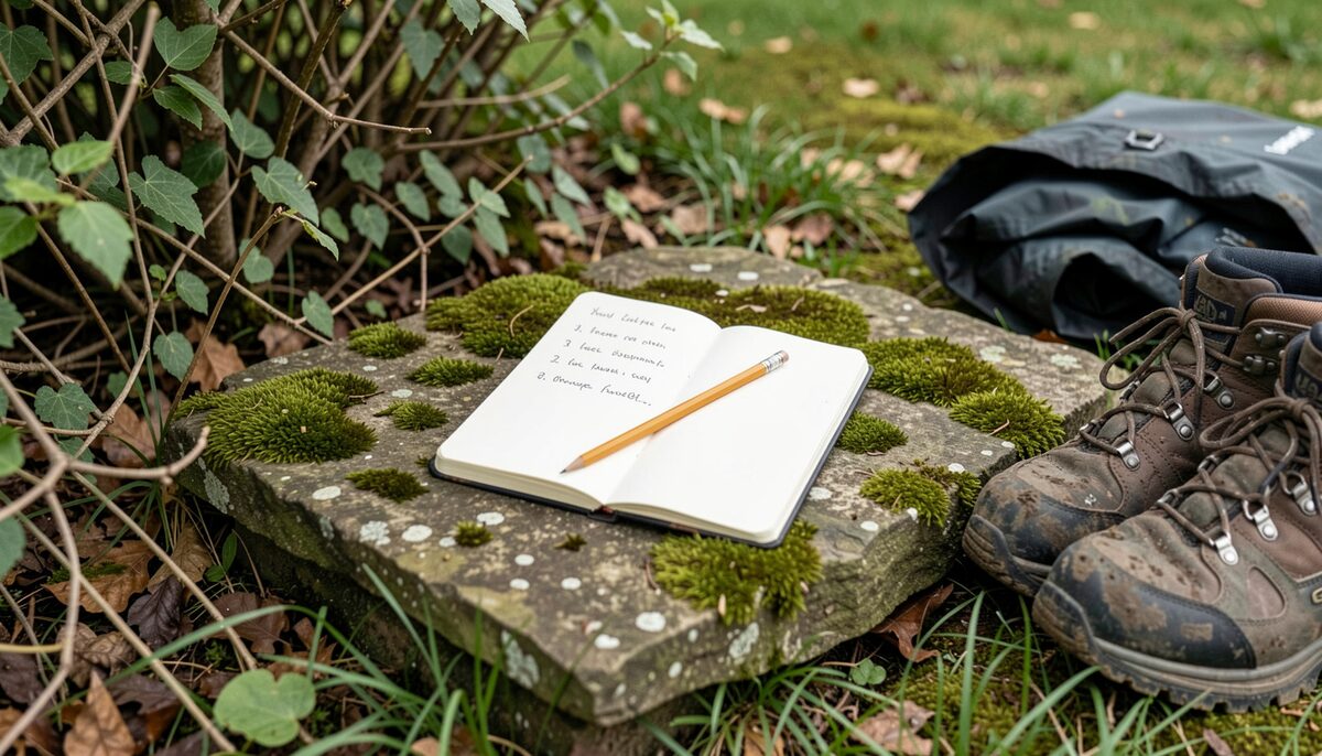 A small open notebook resting on a mossy flat stone beside a hedgerow, a pencil laid diagonally across a page of short handwritten four line entries, with a pair of muddy walking boots and a folded rain jacket visible at the edge of the frame.