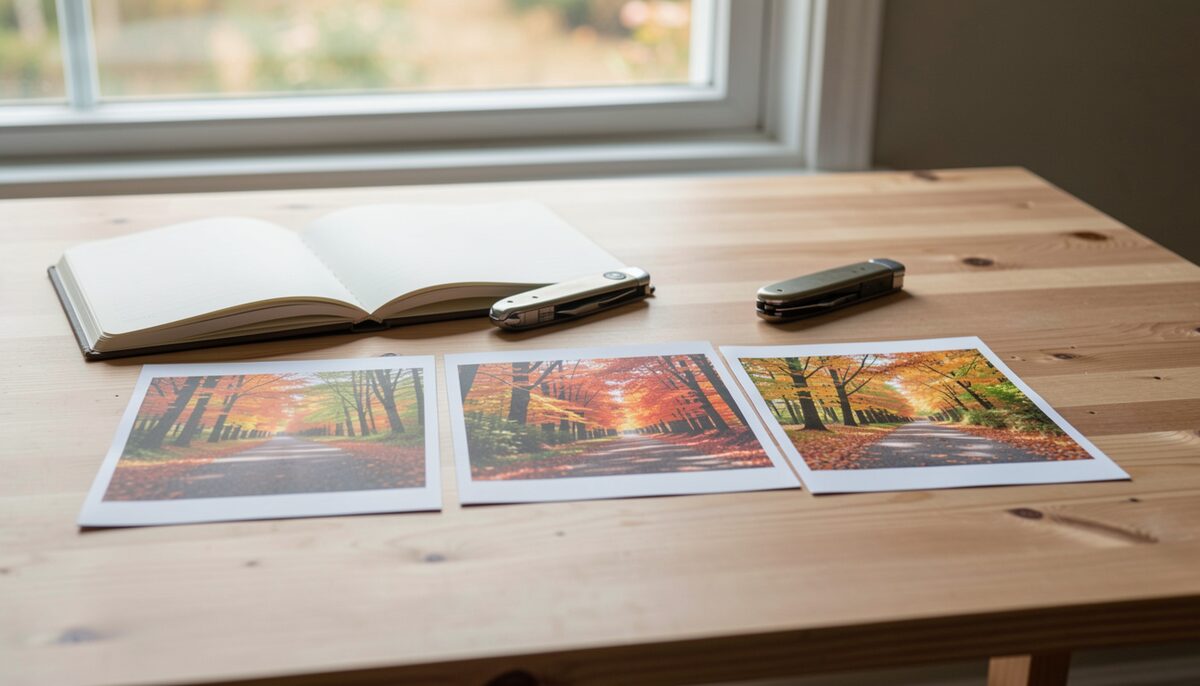 A flat wooden table near a window holds a small open notebook, a closed pocket knife, and three printed photographs of the same path laid in a row, each showing a slightly different stage of autumn leaf colour.