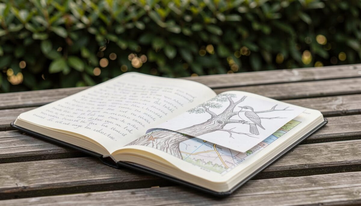 A close-up of an open notebook on a wooden bench outdoors, with handwritten field notes in pencil, a simple sketch of a bird on a tree trunk, and a folded map tucked under the pages. Natural daylight, soft focus on a hedge in the background.