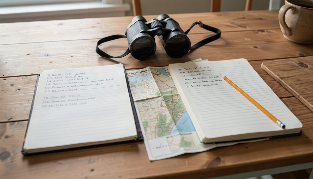 A wooden kitchen table in daylight with two open notebooks side by side, each with handwritten dated weather lines and short species lists, a pencil, a pair of binoculars and a folded paper map resting between them.