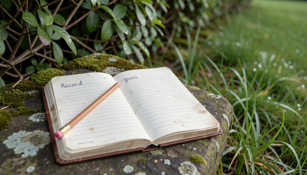 A weathered pocket notebook lying open on a mossy stone beside a hedgerow, two columns ruled by hand, one headed record and one headed guess, with a pencil resting across the left page and damp grass in the soft focus behind.