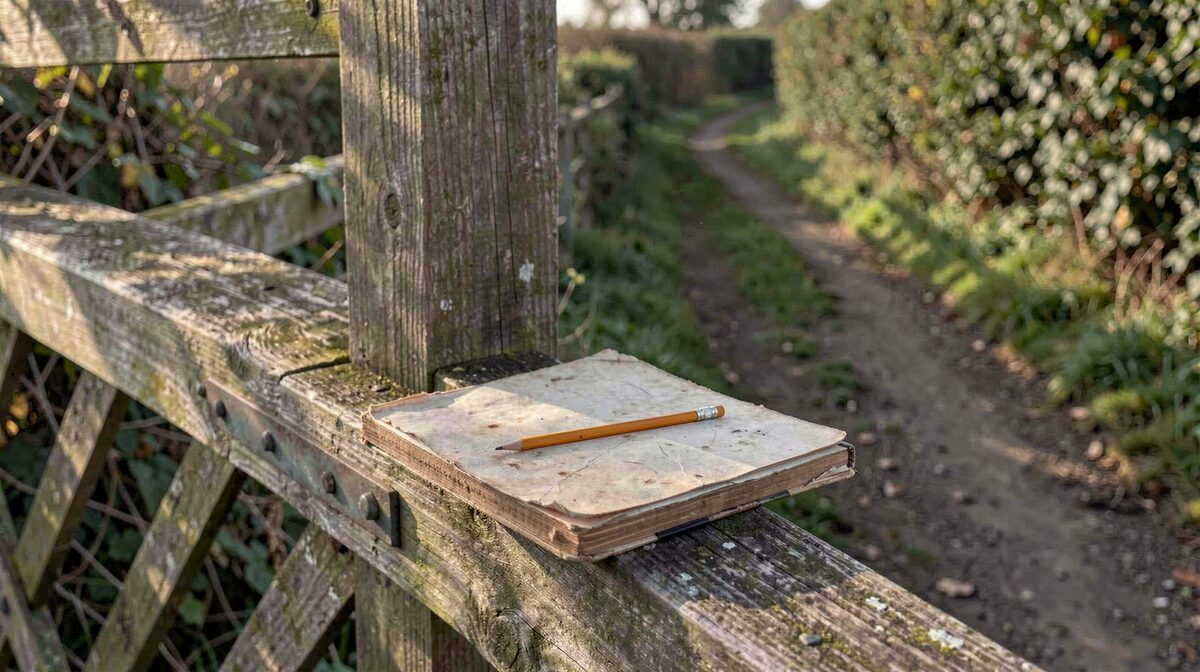 A worn notebook and pencil resting on a wooden gate at the edge of a footpath, early morning light, close-up with hedgerow soft in the background.