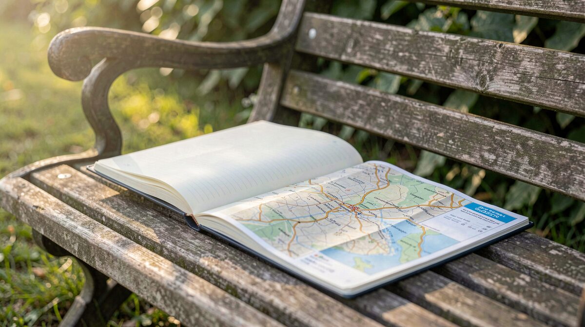 An open field notebook on a wooden garden bench beside a folded walking map, soft morning light from the left, close-up framing with shallow depth of field.