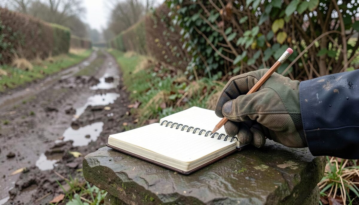 A small open notebook resting on a flat stone beside a muddy footpath, held open by a hand in a worn waterproof glove, with a short pencil tucked into the spiral binding and a damp hedgerow behind it.