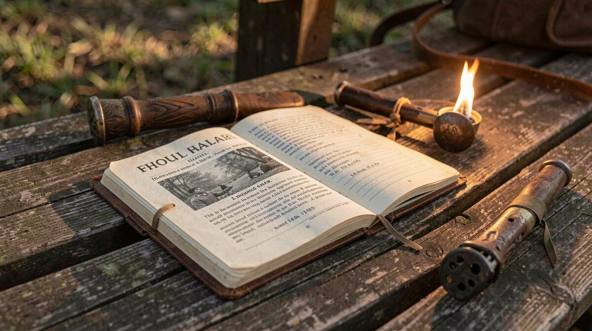 A scout's notebook open on a wooden bench beside a torch and a printed theatre programme, late afternoon light, close-up