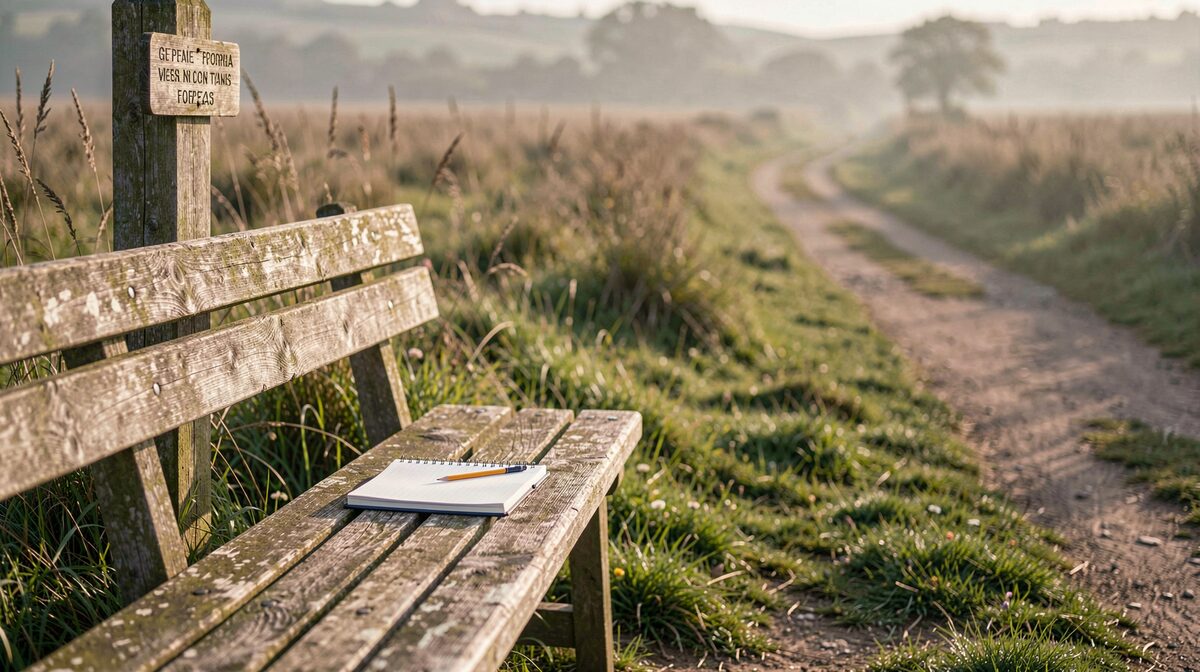 A wooden bench beside a footpath signpost at the edge of a chalk downland trail, morning light raking across the grass, a notebook and pencil resting on the bench, framed as a still life with the path leading away into soft haze.