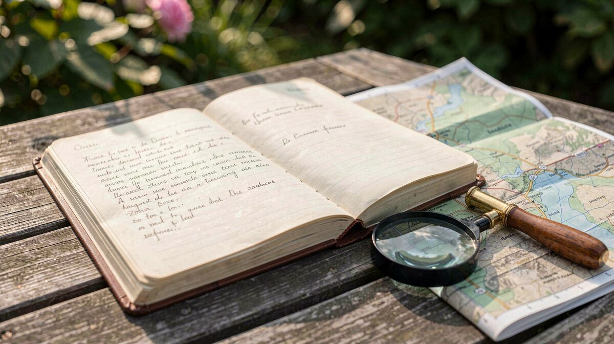 A well-used field notebook open on a wooden garden table beside a magnifying glass and a folded map, morning light, close-up framing.