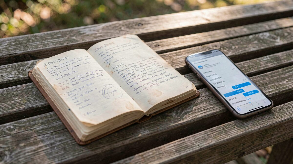 A well-worn field notebook open on a wooden bench beside a smartphone showing a Wi-Fi settings screen, morning light, shallow depth of field.