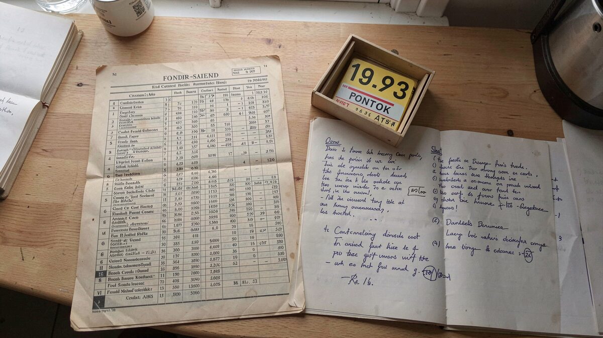 A Dutch post office box shelf in soft window light, with a card index and annotated directory pages laid flat, shot from above in a tidy archive room.
